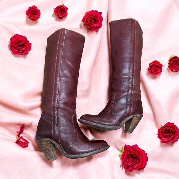 Women's Vintage Frye Saddle Knee High Leather Boots 6.5 Campus Cowboy Sexy USA - Picture 1 of 5